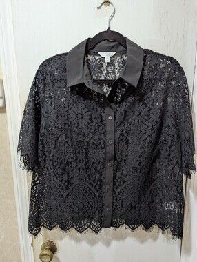 Time & Tru XL 16-18 Black Lace Button-Front Shirt - Classic Collared Top